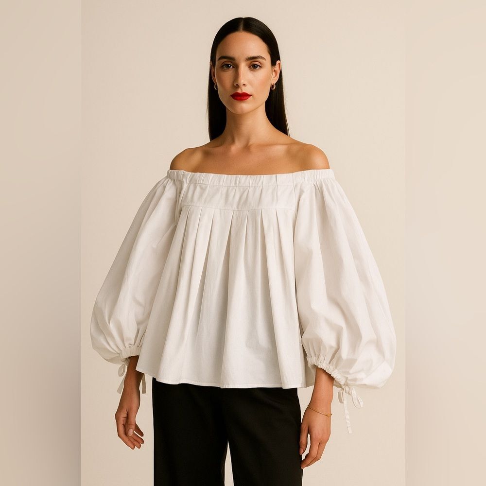 I:NA INA Luxury White Voluminous Blouse with Pleated Bodice & Puff Sleeves  M